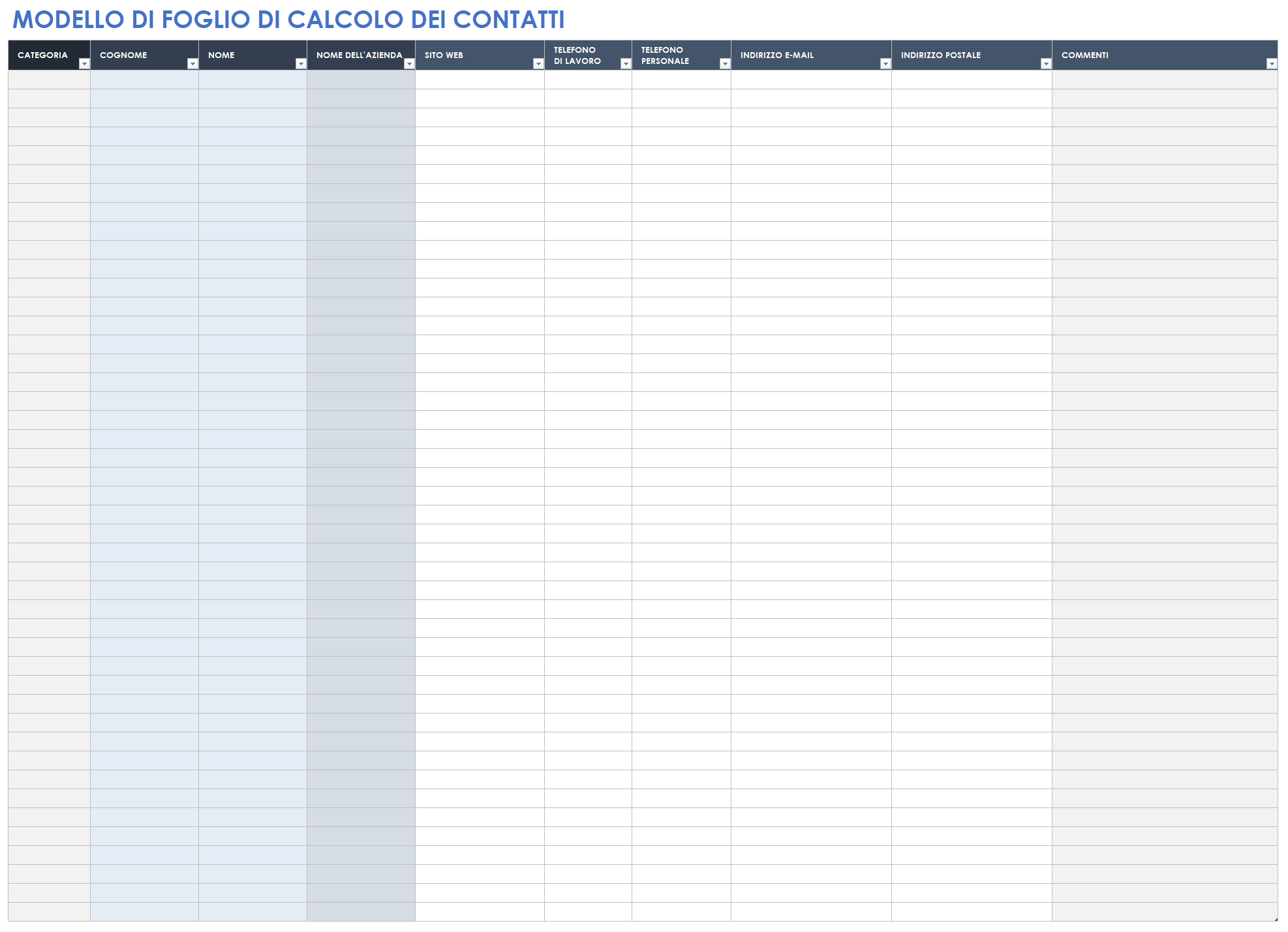 Foglio di calcolo dei contatti