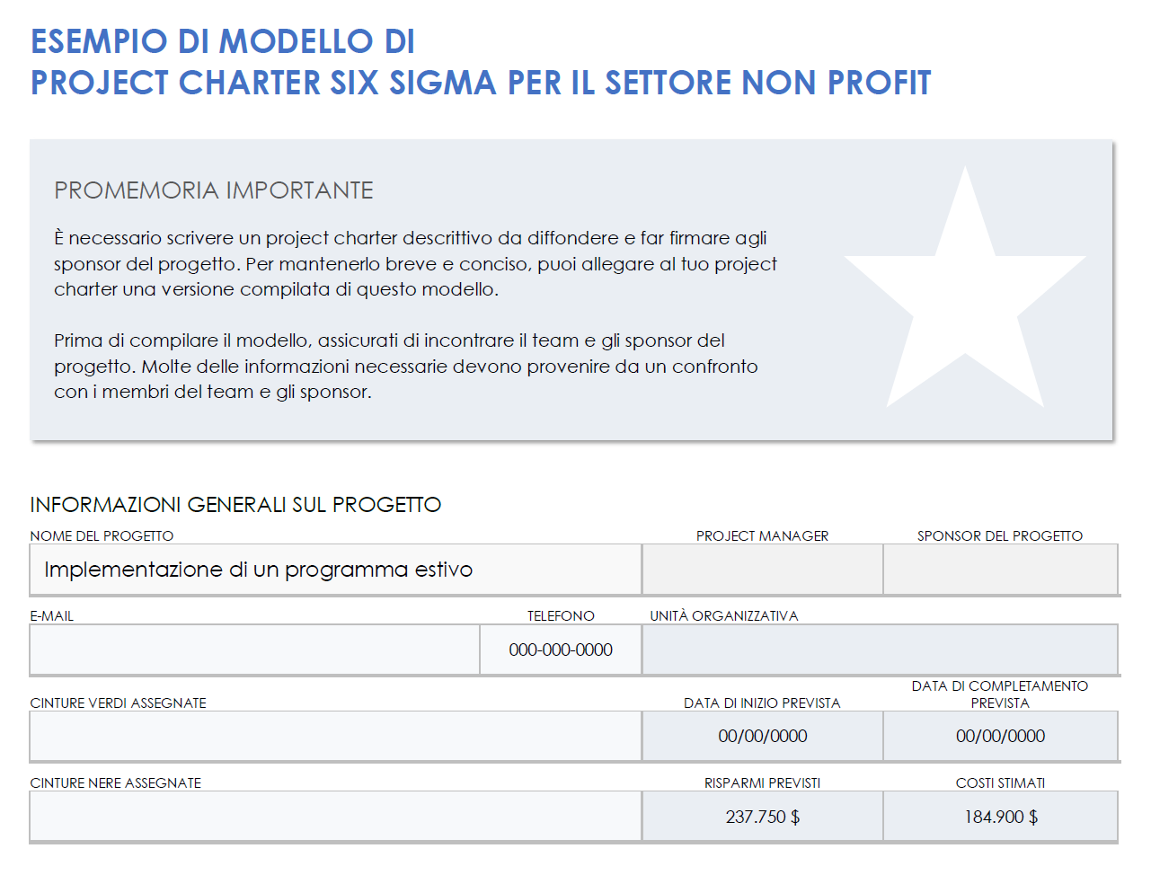 Esempio di charter di progetto Six Sigma senza scopo di lucro