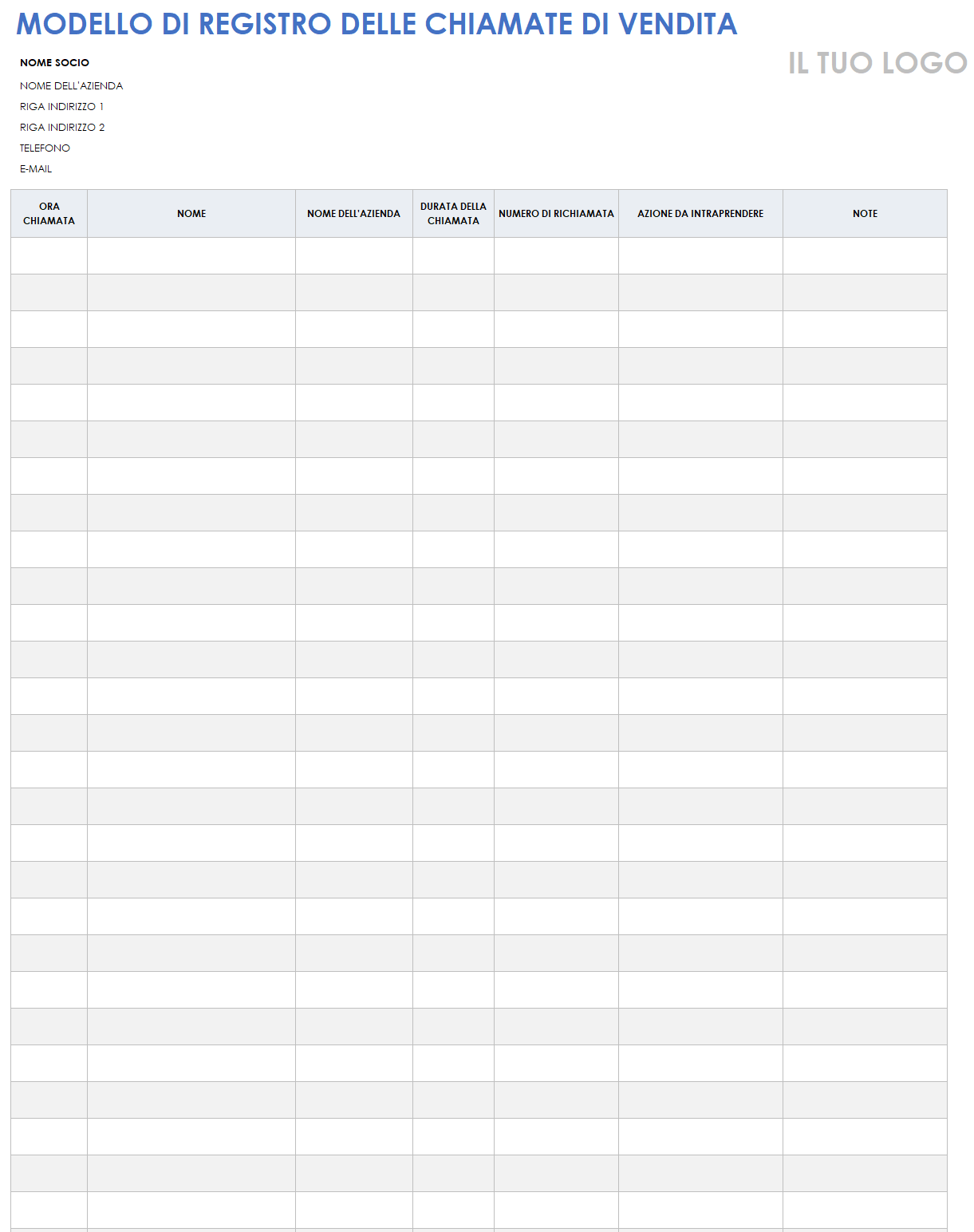 Modello di registro delle chiamate di vendita