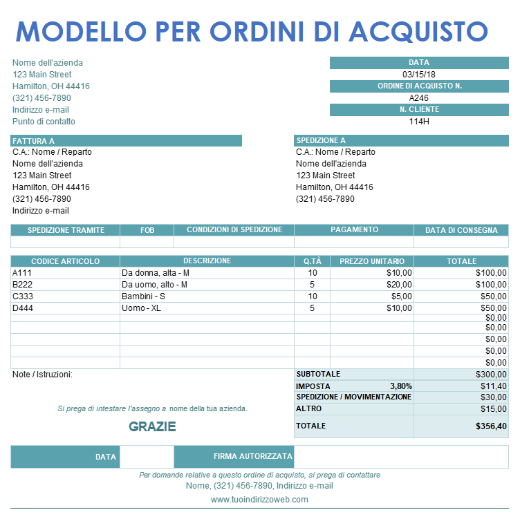  MODELLO D'ORDINE D'ACQUISTO