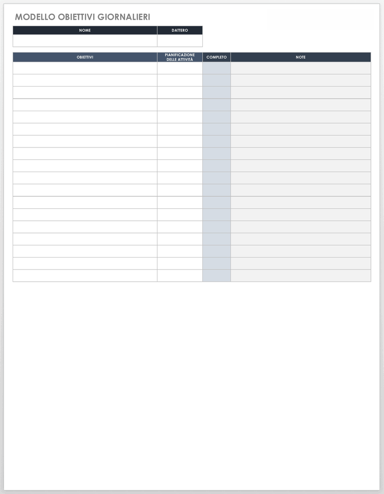  Modello per obiettivi giornalieri