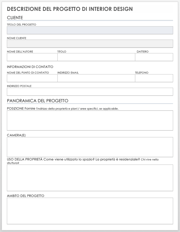  Modello di descrizione del progetto di interior design