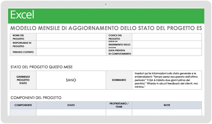 Modello di aggiornamento mensile dello stato del progetto esecutivo