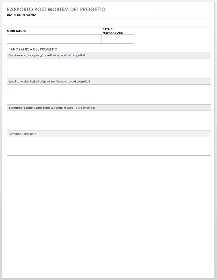  Modello di relazione sul progetto post mortem